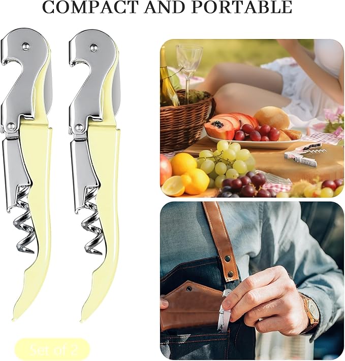 HYZ 2-Pack Wine Opener Waiter Corkscrew, Professional Wine Key for Servers, Bartender with Foil Cutter, Manual Wine Bottle Opener Double Hinged (Light Yellow)