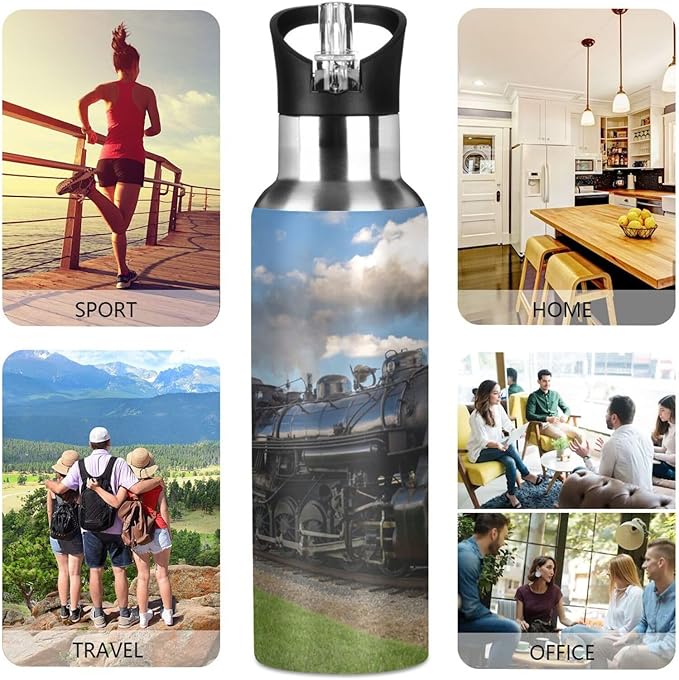 Vintage Steam Train Stainless Steel Water Bottle with Straw Lid - 20 Oz Sports Insulated Water Bottle Thermos for Sport Gym Outdoor Travel School (B-000)