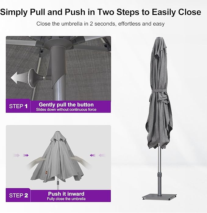 PURPLE LEAF 6 X 10 FT Semi-Auto Outdoor Patio Umbrella with Base Market Table Sun Umbrellas with 6 Aluminum Sturdy Ribs for Backyard Deck Garden Pool (Silver Pole Gray Canopy)