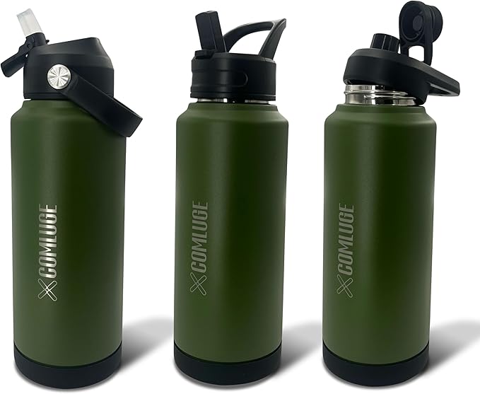 Green 32 oz insulated water bottle with straw stainless steel water bottle,double wall,leak proof water bottles with 3 lids,travel,gym mens water bottle (Navy Green, 32oz)