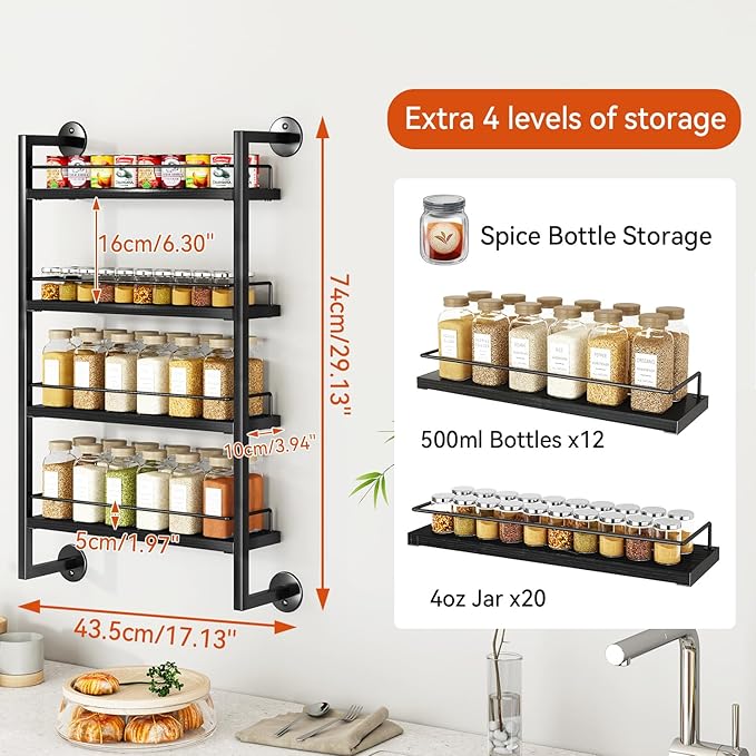 IBUYKE Spice Rack Wall Mount,4 Tier Hanging Seasoning Organizer, Spice Rack for Wall for up to 50 Jars,Spice Organization for Kitchen Cabinet,Living Room,Bathroom,Pantry,Black UTLJ016B