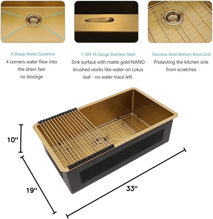 Lordear 33 Undermount Kitchen Sink 33x19 Matte Gold Undermount Sinks 16 Gauge Stainless Steel Deep Single Bowl Handmade Kitchen Sink Basin