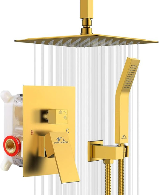 SunCleanse Rainfall Shower Faucet Set Brushed Gold Shower Combo Set for Bathroom with High Pressure 10 inch Shower Head with Handheld Shower Valves Shower Head and Handheld Ceiling Mounted