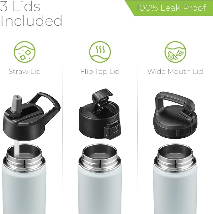 SipX™ Triple-Insulated Stainless Steel Water Bottle 18oz. With 3 Lids, BPA-Free Reusable Insulated Water Bottle Keeps Cold 24 Hours, Metal Water Bottle Made Of Sustainable Material For Hiking & Biking