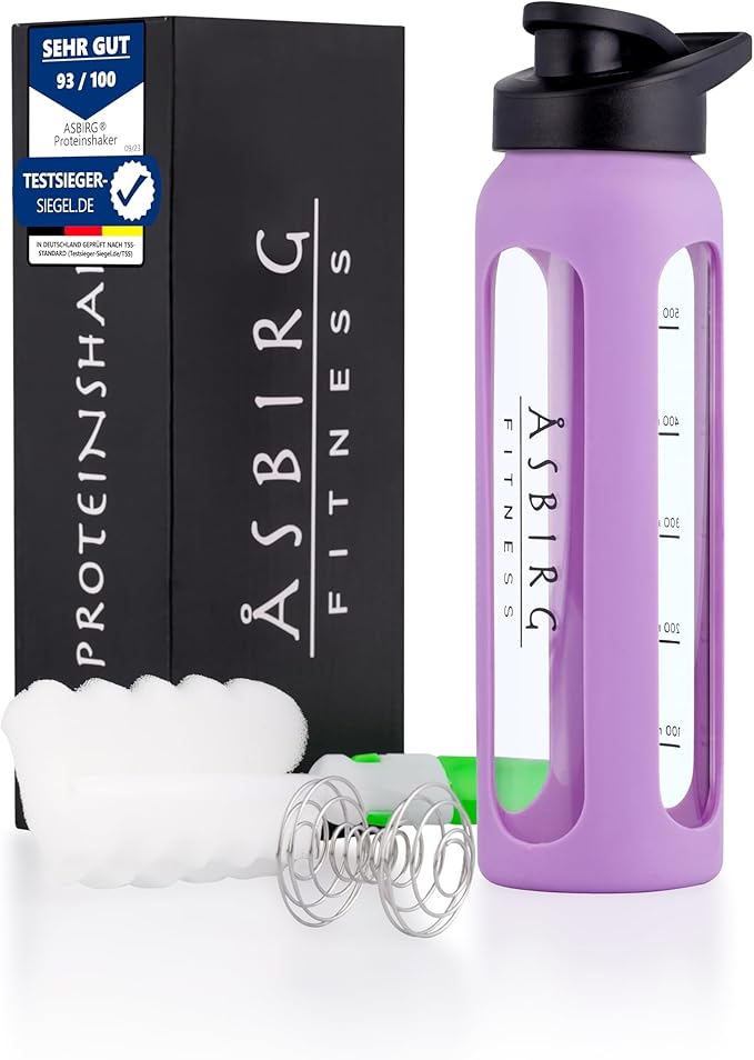 Fitness | Protein Shaker Made of Glass | Protein Shaker | Drinking Bottle | with Spiral Ball | Black (pastel purple)