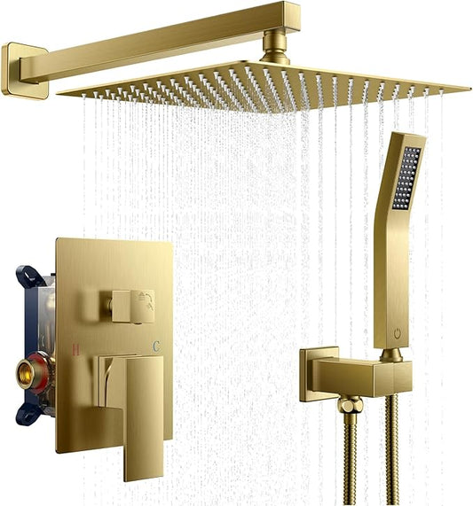 FORIOUS Rain Shower Head System, 10 Inch Shower Faucet Set with with handheld combo, Solid Brass Pressure Balanced Valve and Trim Kit Fixtures, Wall Mounted, Brushed Nickel (Brushed Gold, 12 inch)