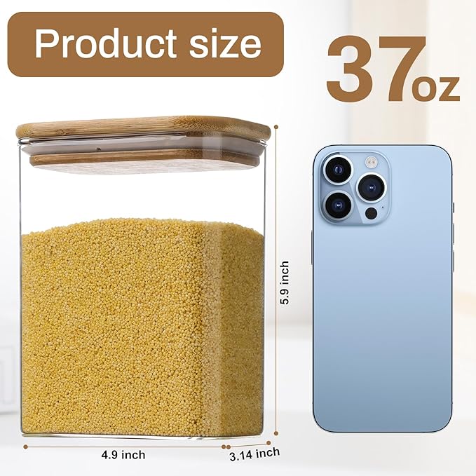 Liuruiyu Glass Storage Jars 12 * 8cm [Set of 6],Clear Glass Food Storage Containers with Airtight Bamboo Lid Stackable Kitchen Canisters for Candy,Cookie,Rice,Sugar,Flour,Pasta(Square)