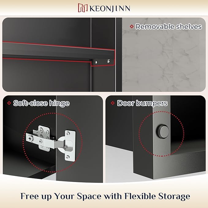 Keonjinn 40” x 30” Black Bathroom Medicine Cabinets with Mirror Recessed or Surface Wall-Mounted Aluminum Alloy Framed Beveled Mirror with Soft Close Hinge, 2 Doors Modern Bathroom Mirror with Storage