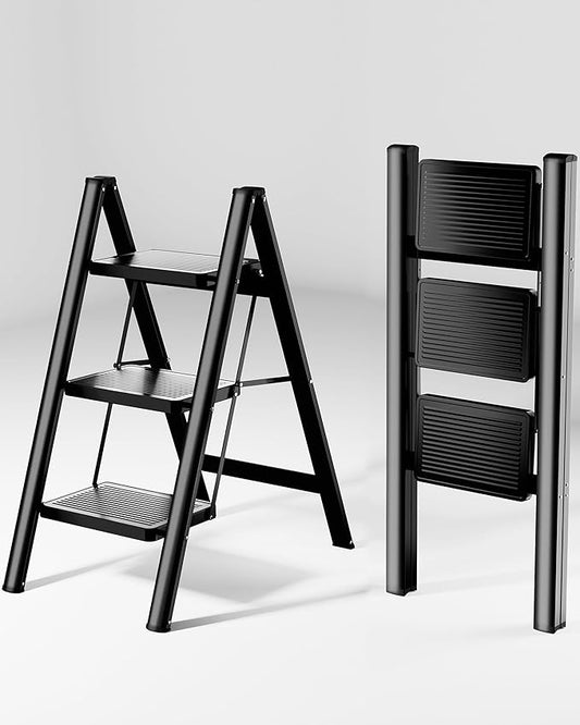 Step Ladder 3 Step Folding, Sturdy 330 Lbs Small Step Stool for Adults, Closet Step Stool Ladder with Anti-Slip Wide Pedals, Portable Folding Ladder for Home Kitchen Office
