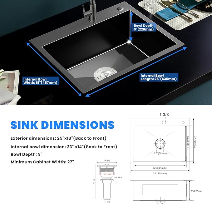 25 Inch Drop In Kitchen Sink, POPFLY 25x18 Black Stainless Steel Top mount Workstation Sink, 9 Inch Deep 18 Gauge One Bowl 2 Holes Sink