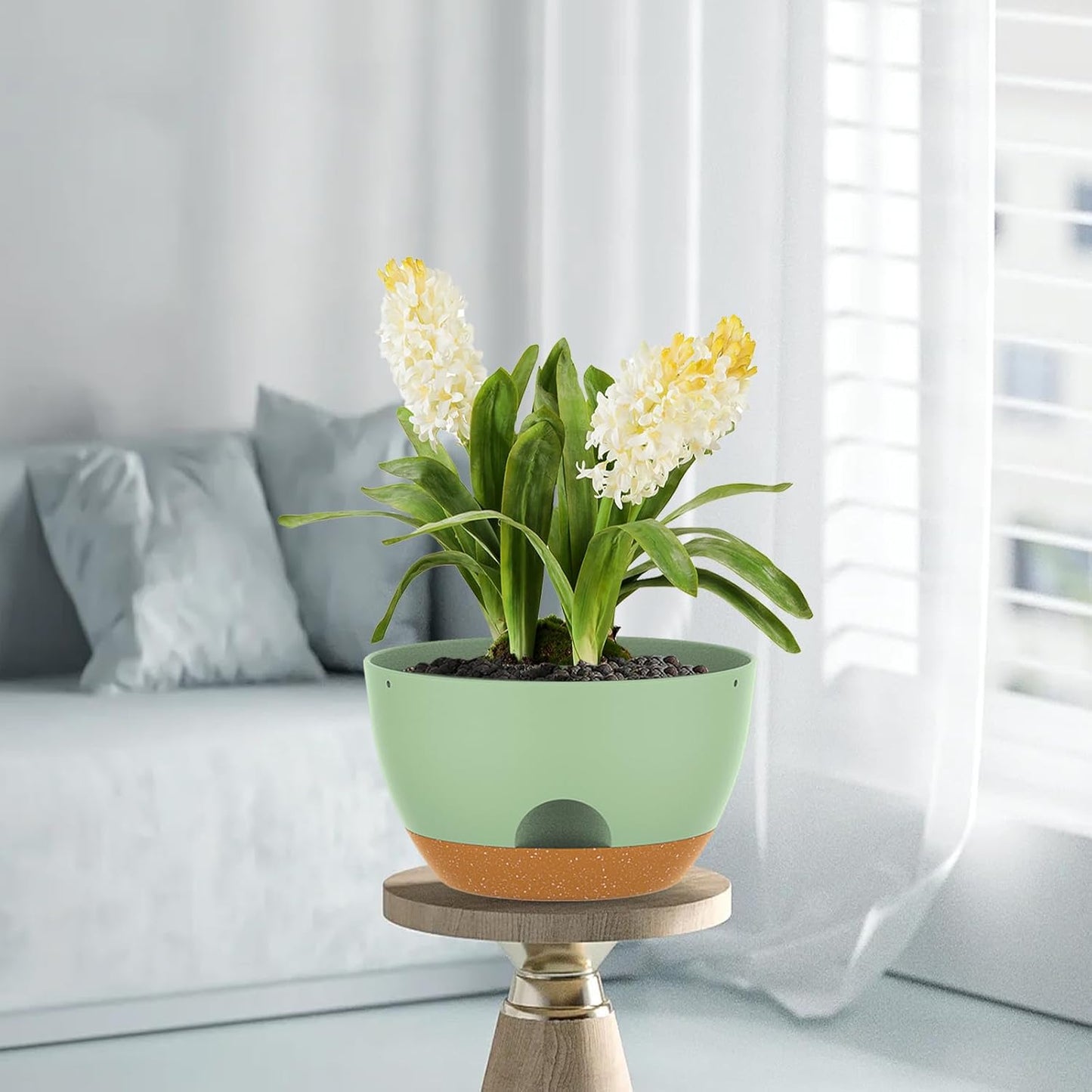 12 Inch Hanging Baskets 2 PC with Chains, Self-Watering Hanging Planters for Indoor Outdoor Plants, Plastic Hanging Flower Pots,Green Brown