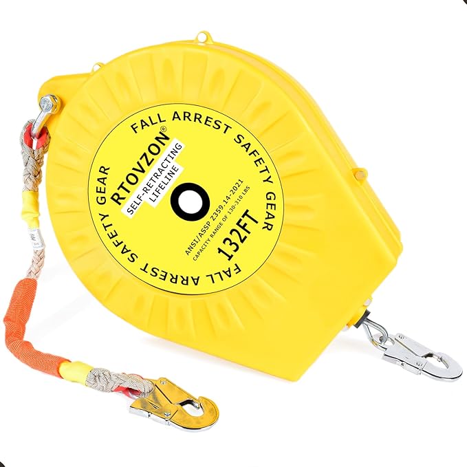 132FT RTOVZON Self Retracting Lifeline, Fall Arrest Fall Protection, Steel Wire Rope Heavy Duty Retractable Lanyard, Roofing Lifeline, SRL, Safety Lanyard