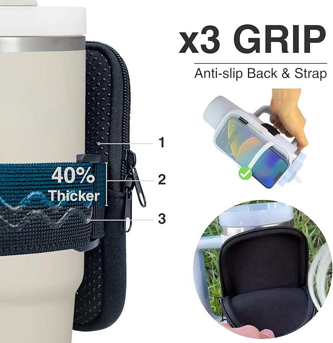 Water Bottle Pouch for Stanley Cups with 20oz 30oz 40oz Stanley Quencher Adventure & Stanley IceFlow, Gym Accessories for Women Tumbler Pouch with Strap & Zipper Cup Purse for Card Keys (White, Large)