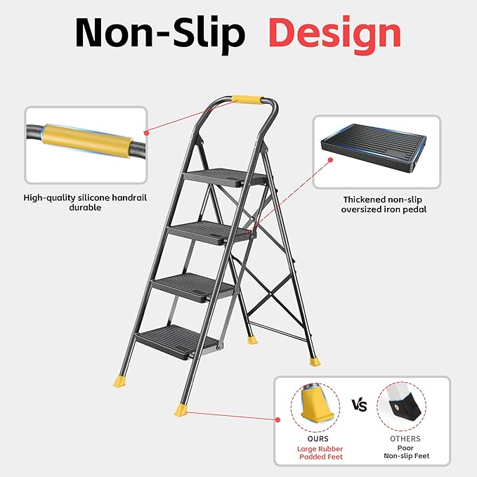Step Ladder Foldable Folding Stool - for Home Adults Kitchen 4 Stepping Extension Tall Heavy Duty with Handrails - Closet Stepstool Stair Ladders Extendable Stepladder for Indoor House 600Lbs