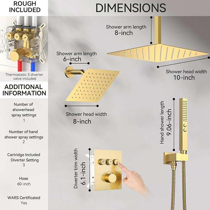Brushed Gold Shower System, STARBATH Ceiling Mounted 10+6 Inch Rainfall Shower Head with 2 in 1 High Pressure Handhled, Can Use All at Once, Push Button Diverter Thermostatic Valve with Trim Kit