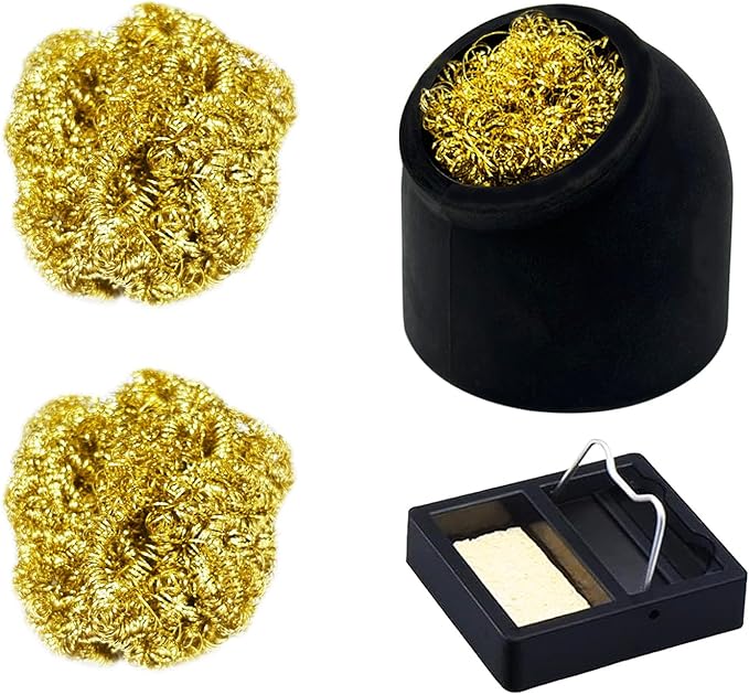 Kaisiking Soldering Iron Tip Cleaner 3Pcs Soft Coiled Brass Tip Cleaner with Silicone Holder Non-slip Solder Tip Cleaners, No Water Needed, Black