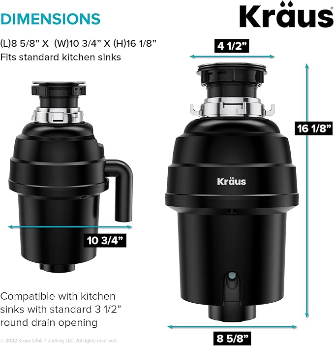 KRAUS WasteGuard 1 HP Ultra-Quiet Garbage Disposal with Quick Connect, Kitchen Sink Drain Cover, Power Cord and Flange Included, KWD100-100MBL