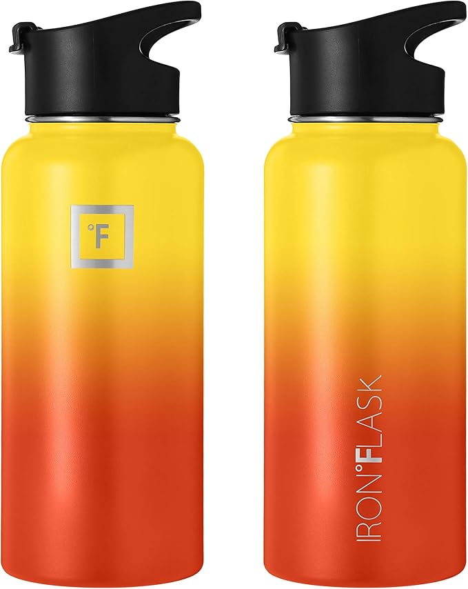 IRON °FLASK Camping & Hiking Hydration Flask, Wide Mouth, 3 Spout Lids, Stainless Steel Outdoor Water Bottle, Double Walled, Insulated Thermos, Metal Canteen - Fire, 40 Oz