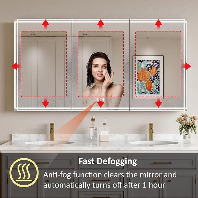 Buruis 60'' x 32'' Medicine Cabinet with Lights and Mirrors, Recessed or Wall Mounted Modern Bathroom Cabinet with 3-Mode Light, Anti-Fog, Dimmable, Memory Function, Outlet, Silver