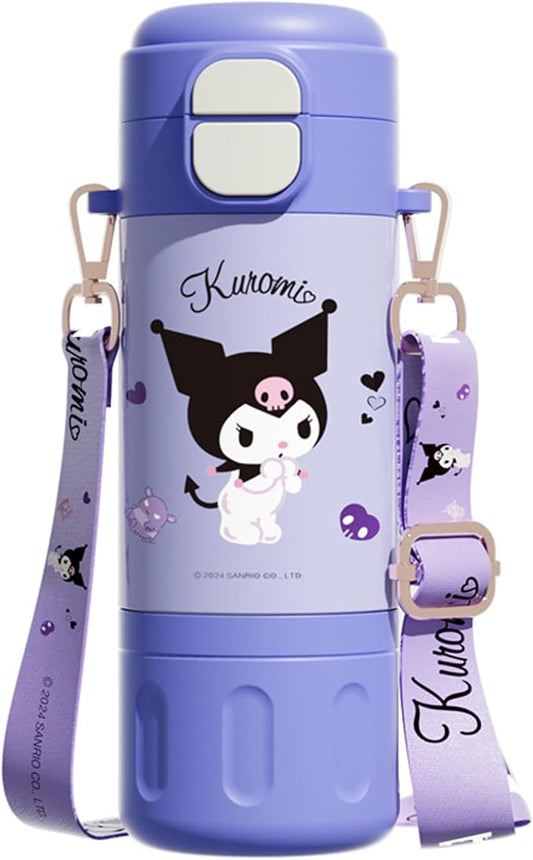 Kuromi Stainless Steel Insulated Water Bottle with Strap (Spout & Straw) 480ml - Purple