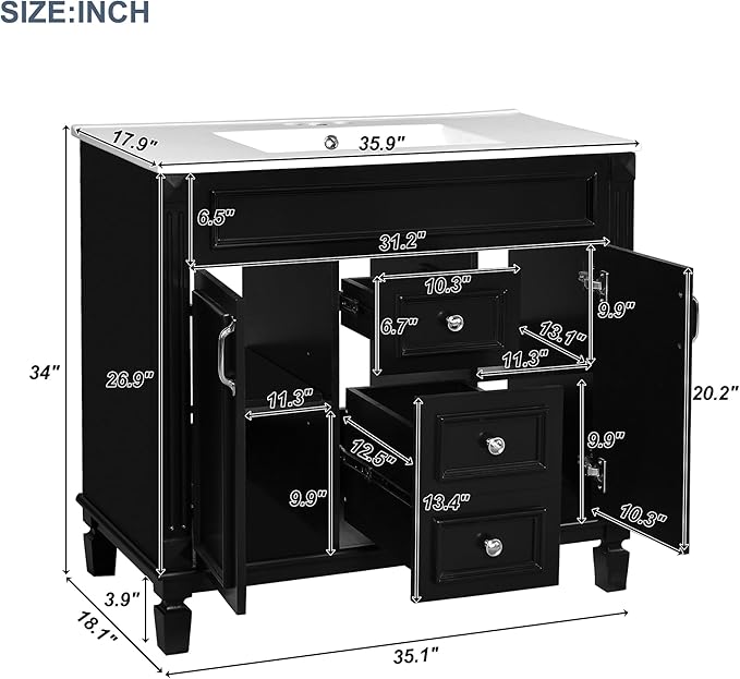 Marzzi 36" Bathroom Vanity with Sink & Matching Medicine Cabinet, 36 inch Bathroom Vanity Storage Cabinet with Sink Top, 2 Drawers, and Mirror Cabinet