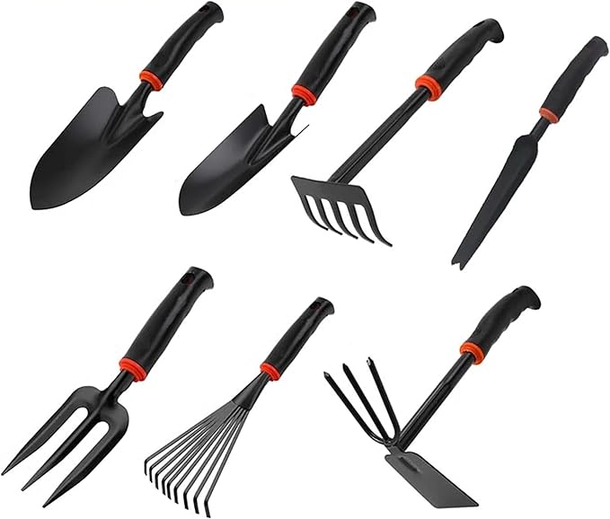 Garden Tool Set (Garden Tool Set, 7 Pieces, Gardening Tool Kit Including 2 Shovels, Rakes, Cultivators, and Transplanting Tools, Rust-Resistant Iron Tools, Rubber Grip Handles (7))