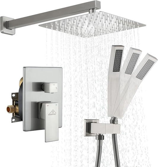 CASAINC Rainfall Shower Head Combo Set 10 Inches Bathroom Luxury Rain Shower Head with Handheld Spray Wall Mounted Shower Faucet Set with Valve and Trim (Brushed Nickel)