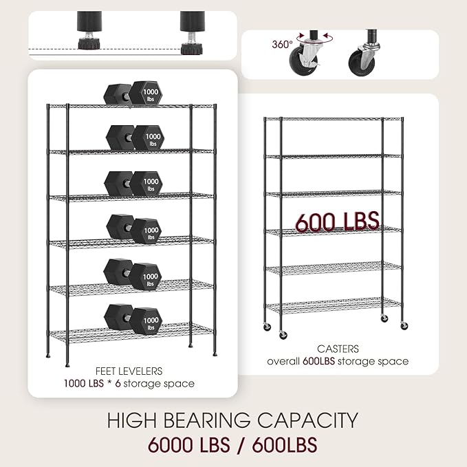 BestOffice | 6-Tier Wire Storage Shelves with Wheels | 48x18x77 | Black | Adjustable Racks | Heavy-Duty Metal Shelf, Holds Upto 600 lbs | No-Tool Assembly | Ideal for Home & Garage Shelving