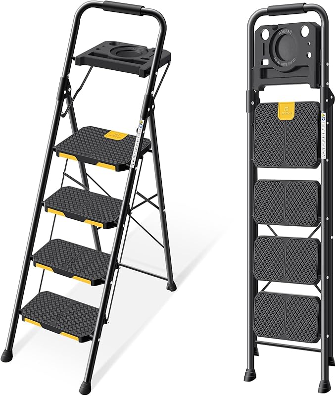 KINGRACK 4 Step Ladder with Tool Platform, Folding Step Stool with Wide Pedal, Safety Locking, Sturdy Steel Ladder Portable Safety Ladder for Painting Home Outdoor Garage