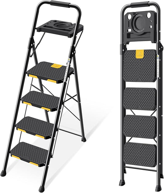 KINGRACK 4 Step Ladder with Tool Platform, Folding Step Stool with Wide Pedal, Safety Locking, Sturdy Steel Ladder Portable Safety Ladder for Painting Home Outdoor Garage
