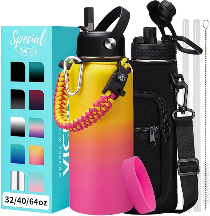 Stainless Steel Water Bottles 32oz - Cold-48h Hot-24h Insulated Water Bottle with Straw & Auto Spout Lid, Carrier Bag & Protective Cup Mat, Metal Thermo Flask Reusable Gym Waterbottle Jug Leak Proof