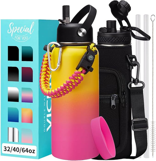 Stainless Steel Water Bottles 32oz - Cold-48h Hot-24h Insulated Water Bottle with Straw & Auto Spout Lid, Carrier Bag & Protective Cup Mat, Metal Thermo Flask Reusable Gym Waterbottle Jug Leak Proof