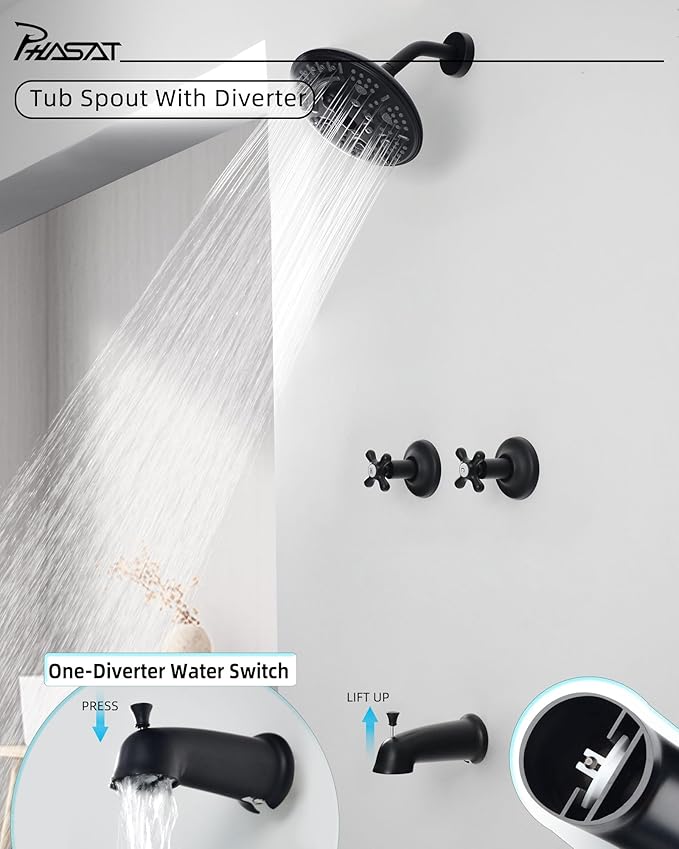 PHASAT 2 Handle Tub Shower Faucet,Bathtub Faucet Set with Tub Spout,Tub and Shower Trim Kit with Rough-in Valve,Matte Black,PU4H09