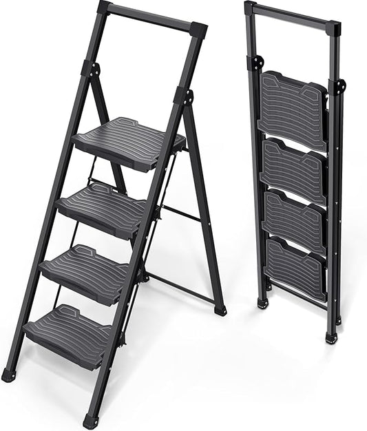 KINGRACK Step Ladder 4 Step Folding, 900lbs 4 Step Ladder with Anti-Slip Wide Pedal and Handrails, Lightwight Household Ladder, Pass 900LBS Testing, for Your Kitchen, Pantry, Closets, Office Use