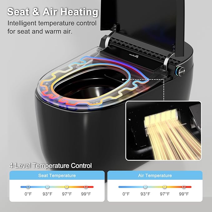 Smart Toilet with Built-in Tank and Air Boost Pump, Powerful Flush, Auto Open/Close Lid, ADA Height Heat Seat, Tankless Toilet with Instant Warm Water Cleaning Foam Dispenser (Black)