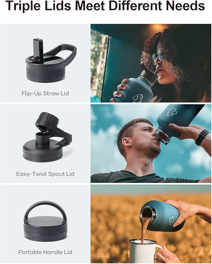 BUZIO Water Bottle with Straw lid, Spout Lid, Hand Lid and Carrying Pouch, 32oz 40oz 64oz Stainless Steel Water Flask Jug, Cold for 48 Hrs Hot for 24 Hrs Double Vacuum Thermo Canteen Mug, BPA-Free