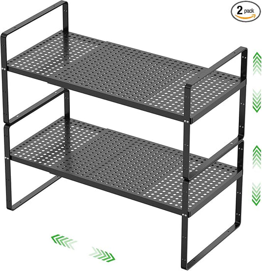 Expandable Cabinet Storage Shelf Stackable Organizer Rack for Kitchen Bathroom Pantry Spice Cupboard Coffee Countertop Home Office Desk Heavy Duty Nonslip Black Small 2 Packs