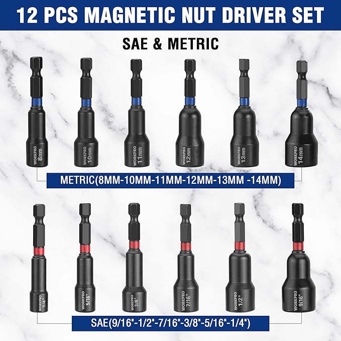 WORKPRO 12-Piece Magnetic Nut Driver Set, Premium Impact Power Hex Nut Driver Drill Bit Master Kit, SAE (1/4" to 9/16") and Metric (6-14mm), 1/4" Hex Shank and Quick-Change, Cr-V Steel