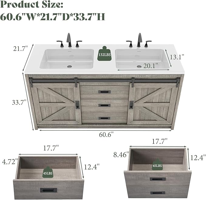 60" Farmhouse Bathroom Double Vanity Sliding Barn Door with Sink Combo, Bathroom Vanity Cabinet with Drawers & Metal Handles, Freestanding, Gray