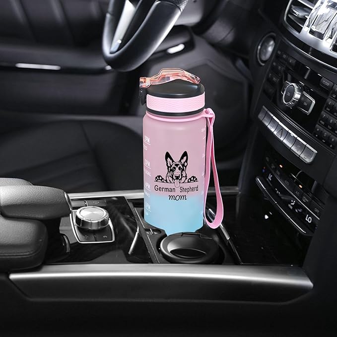 German Shepherd Mom Water Bottle with Straw, Carry Strap, LeakProof, Tritan BPA Free, 32 Oz Motivational Water Bottle with Time Marker to Drink Enough Water for Gym Fitness Outdoor