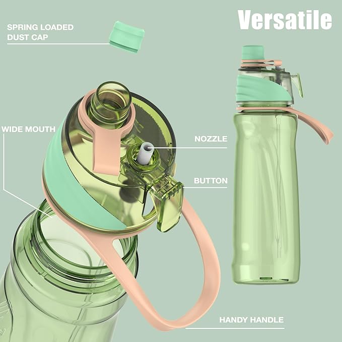 FEIJIAN Mist Water Bottle,32oz Sports Water Bottle with 2-IN-1 Mist & Sip Function, BPA-Free Plastic Water Bottles, Misting Water Bottle, Leakproof & Lightweight, Ideal for Fitness and Outdoor, Green