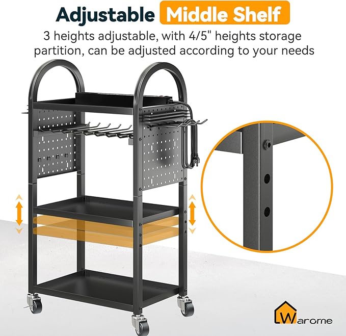 Warome Power Tool Organizer Cart with 8 Movable Charging Station, 4-tire Rolling Utility Cart for 8 Electrical Drills Holders, Storage Cart on Wheels for Garage Storage in Black, Gifts for Man