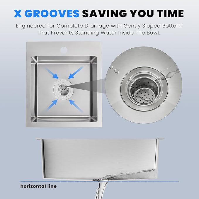 POPFLY 15 Inch Bar Prep Sink, SUS 304 Stainless Steel Top mount Handmade Single Bowl 18 Gauge Drop In Kitchen Small Rv Sink, Brushed Nickel (15×17×8)