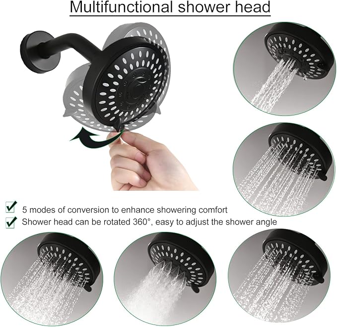 2 Handle Shower Faucet and 5 Mode Shower Head, Matte Black Two Handle Shower Faucet Bathroom Shower Trim Kit with Rough-in Valve, BY2H002