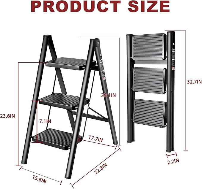 3 Step Ladder with Anti-Slip and Wide Pedal 220 lbs Capacity Folding Step Ladder for Household Kitchen Office(P-Black, 3 Step Ladder)