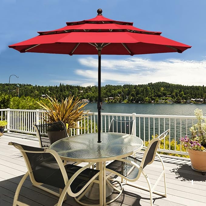EliteShade USA 10-Year-Non-Fading 9Ft 3 Tiers Market Umbrella Patio Umbrella Outdoor Table Umbrella with Ventilation, Logo Red