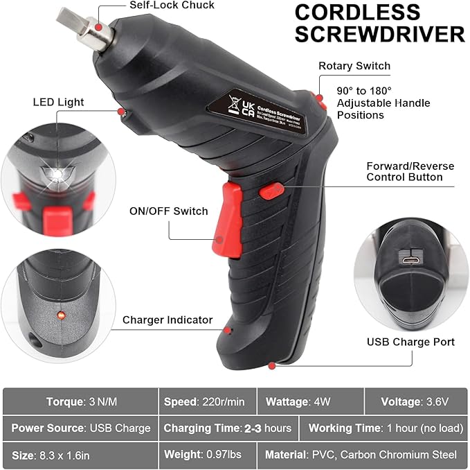 Cordless Electric Screwdriver, Charging 2-3hours, 47 pcs Accessories Small Drills for Moving, Disassembling and Reassembling Cabinets and Beds not Suitable for Construction Sites and Concrete Drilling