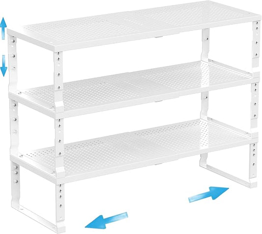 Expandable Spice Rack Kitchen Cabinet Shelf Organizer, Stackable Storage Shelves Racks, Adjustable Counter Shelving for Cabinets, Countertop, Cupboard,Pantry and More(3Packs/White/Large)