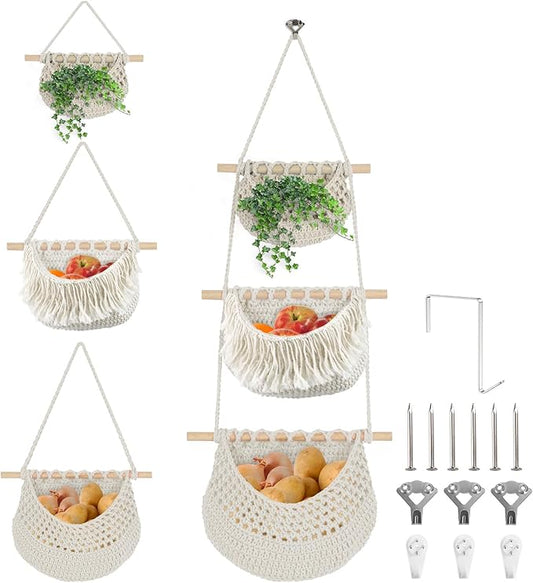 Hanging Baskets for Organizing, 3 Tier Detachable Wall Hanging Fruit Basket Over the Door Organizer for Fruit Vegetable Plant, Beige Boho Cotton Crocheted Fruit Holder for Kitchen Bathroom Bedroom