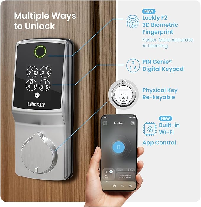 Lockly Secure Pro (2025 Latest Version), Smart Lock with Built-in Wi-Fi, New-Gen Fingerprint Door Lock, Keyless Entry Deadbolt, PIN Genie Keypad, Auto Lock, App Remote Control, Easy Installation